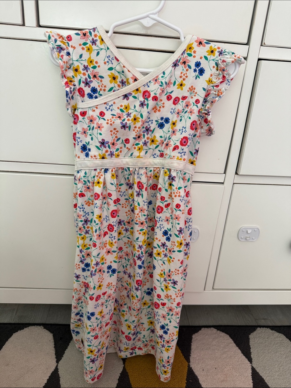 Floral Cotton Knit Girls' Dress - White with Multicolor Flowers
